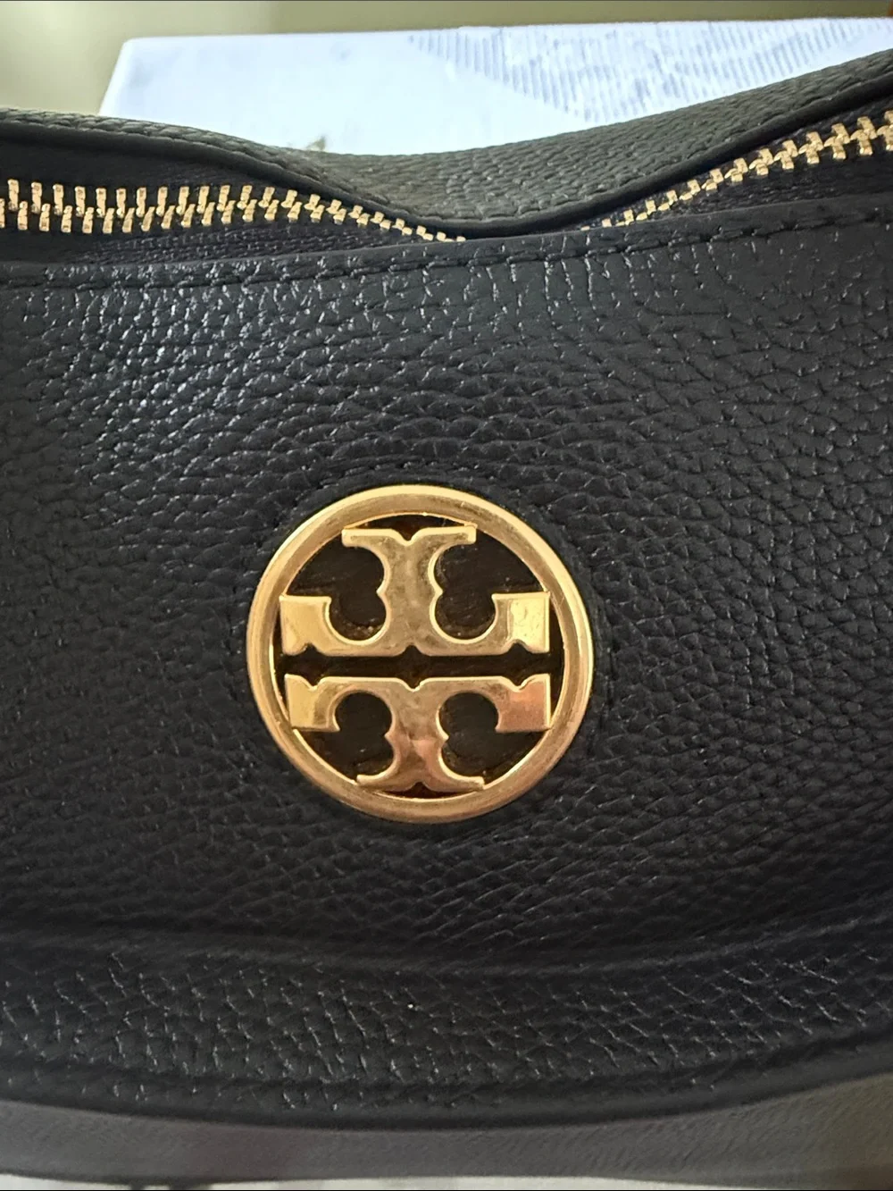 Tory Burch Black Pebbled Leather Shoulder Hobo with Gold Logo Chain